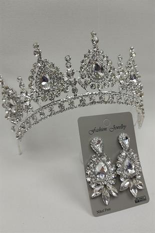 Wholesale Ahu Model Bridal Crown and Shuttle Drop Stone Earrings