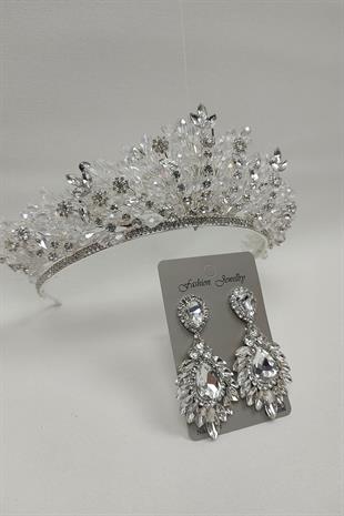 Wholesale Akbahar Model Bridal Crown and Drop Shuttle Stone Earrings
