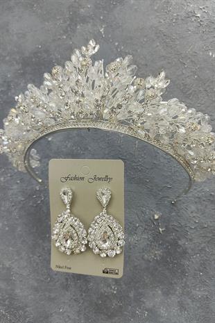 Wholesale Akbahar Model Bridal Crown and Drop Stone Earrings