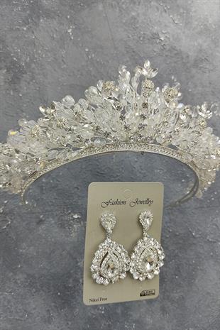Wholesale Akbahar Model Bridal Crown and Drop Stone Earrings
