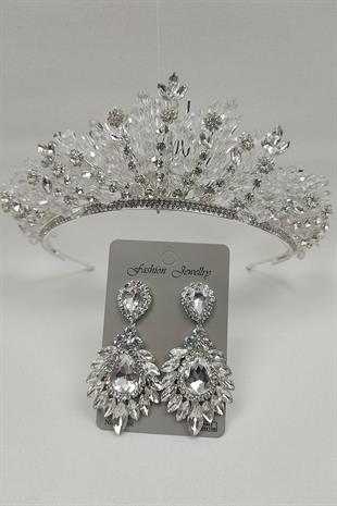 Wholesale Akbahar Model Bridal Crown and Drop Shuttle Stone Earrings