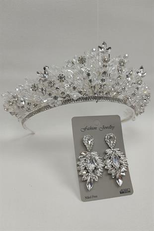 Wholesale Akbahar Model Bridal Crown and Drop Stone Earrings