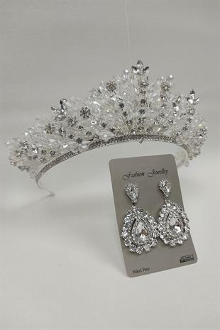 Wholesale Akbahar Model Bridal Crown and Shuttle Stone Earrings