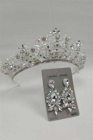 Wholesale Akbahar Model Bridal Crown and Shuttle Drop Stone Earrings