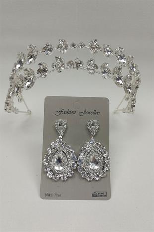 Toptan Alfa Model Gelin Tacı Ve Mekik Taşlı Küpe