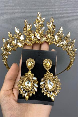 الجملة لون العسل سوبرا الزفاف تاج الحناء والأقراط