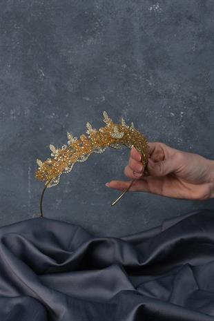 الجملة لون العسل كريستال مطرز اللوز تاج الزفاف