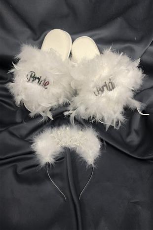 الجملة النعال الزفاف العروس الريشة البيضاء ومجموعة التاج