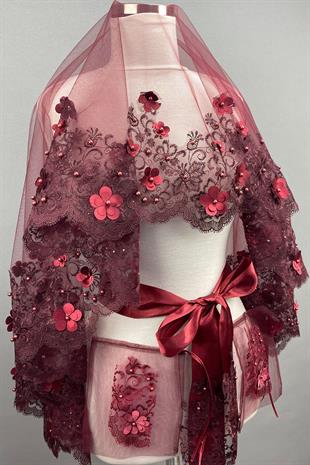 الجملة بورجوندي عدن زهرة الزفاف الحناء الحجاب غطاء الوجه