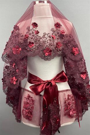 الجملة بورجوندي عدن زهرة الزفاف الحناء الحجاب غطاء الوجه