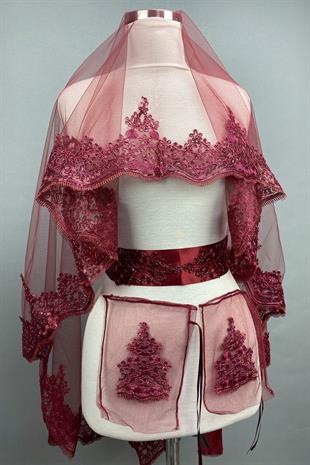 الجملة بورجوندي أليسا الترتر الزفاف الحجاب الحناء غطاء الوجه