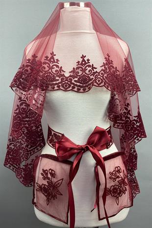 الجملة بورجوندي اللوز بريق الزفاف الحناء الحجاب غطاء الوجه