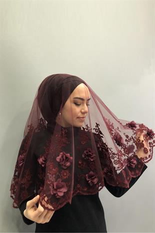 الجملة الحجاب الزفاف الأزهار بورجوندي الحناء الحجاب الوجه