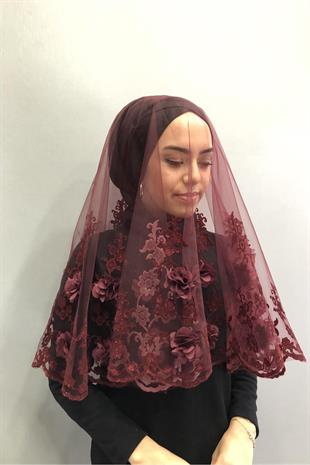 الجملة الحجاب الزفاف الأزهار بورجوندي الحناء الحجاب الوجه