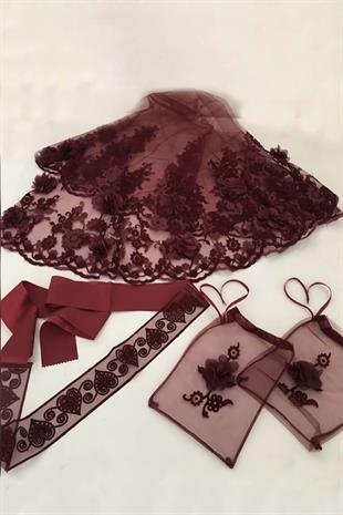 الجملة الحجاب الزفاف الأزهار بورجوندي الحناء الحجاب الوجه