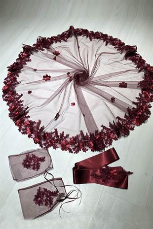 الجملة بورجوندي الأزهار الحناء تغطية الوجه وشاح وقفازات