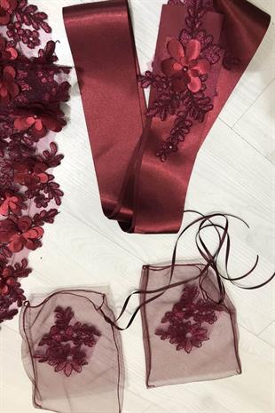 الجملة بورجوندي الأزهار الحناء تغطية الوجه وشاح وقفازات