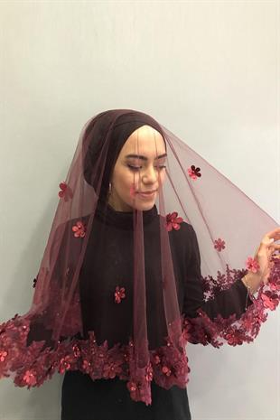 الجملة بورجوندي الأزهار الحناء تغطية الوجه وشاح وقفازات