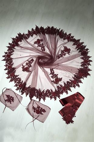 الجملة الدانتيل بورجوندي الحجاب الزفاف الحناء الحجاب الوجه