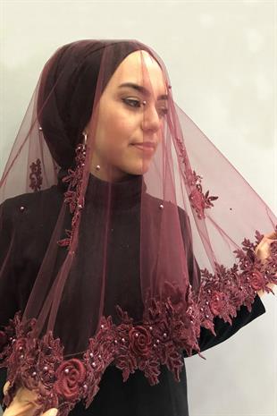 الجملة الدانتيل بورجوندي الحجاب الزفاف الحناء الحجاب الوجه