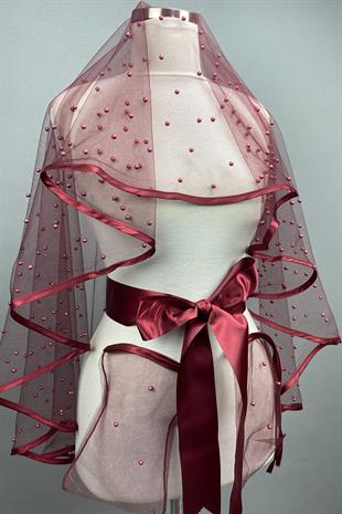 الجملة بورجوندي اللؤلؤ الدانتيل الزفاف الحجاب الحناء غطاء الوجه