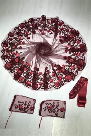 الجملة عنابي مطرز الحجاب الزفاف الحناء الوجه الحجاب