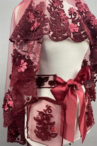 الجملة كلاريت الأحمر لينا 3D الأزهار الحناء الحجاب تغطية الوجه