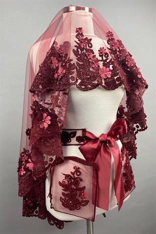 الجملة كلاريت الأحمر لينا 3D الأزهار الحناء الحجاب تغطية الوجه