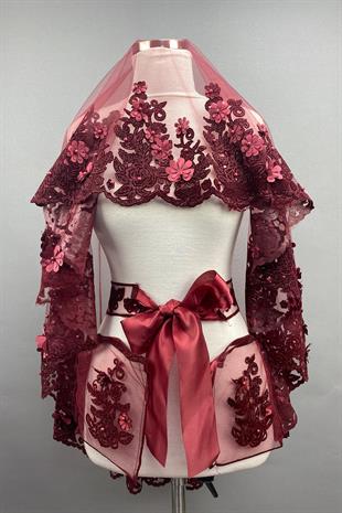 الجملة كلاريت الأحمر لينا 3D الأزهار الحناء الحجاب تغطية الوجه