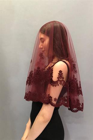 الجملة بريق بورجوندي منقوشة الحجاب الزفاف الوجه