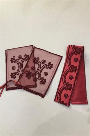 الجملة بريق بورجوندي منقوشة الحجاب الزفاف الوجه