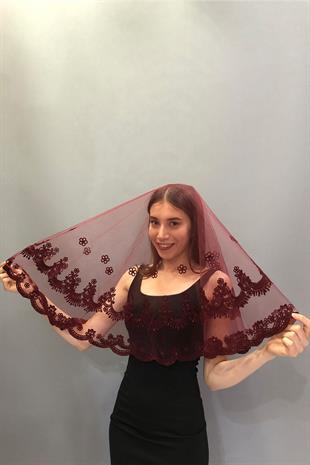 الجملة بريق بورجوندي منقوشة الحجاب الزفاف الوجه