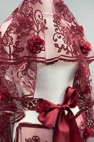 الجملة بورجوندي فيندي الليزر الأزهار بريق الحناء الحجاب تغطية الوجه