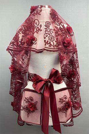 الجملة بورجوندي فيندي الليزر الأزهار بريق الحناء الحجاب تغطية الوجه