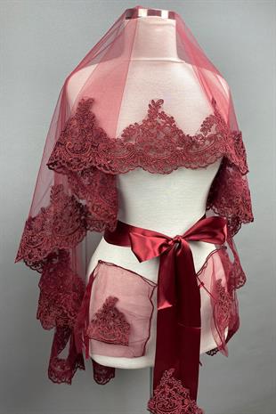 الجملة بورجوندي فينوس الرباط الزفاف الحجاب الحناء الوجه الحجاب