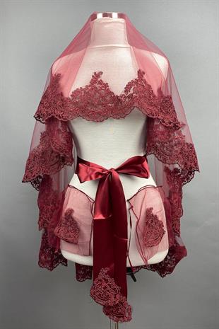 الجملة بورجوندي فينوس الرباط الزفاف الحجاب الحناء الوجه الحجاب