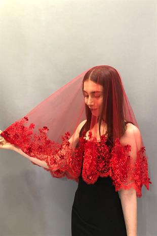 الجملة الدانتيل 3D الحجاب الزفاف الأحمر الوجه