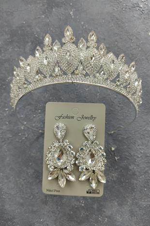 Wholesale Dilruba Model Bridal Crown and Shuttle Drop Stone Earrings