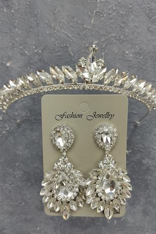 Wholesale Ece Model Bridal Crown and Drop Shuttle Stone Earrings