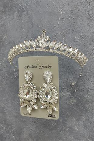 Wholesale Ece Model Bridal Crown and Shuttle Drop Stone Earrings