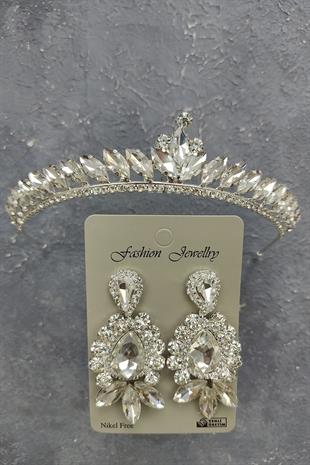 Wholesale Ece Model Bridal Crown and Shuttle Drop Stone Earrings