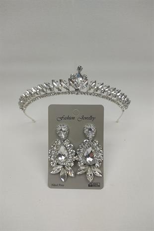 Wholesale Ece Model Bridal Crown and Shuttle Drop Stone Earrings