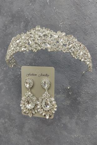 Wholesale Ela Model Bridal Crown and Drop Shuttle Stone Earrings