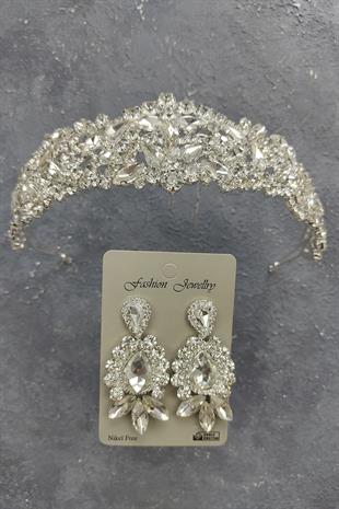 Wholesale Ela Model Bridal Crown and Shuttle Drop Stone Earrings