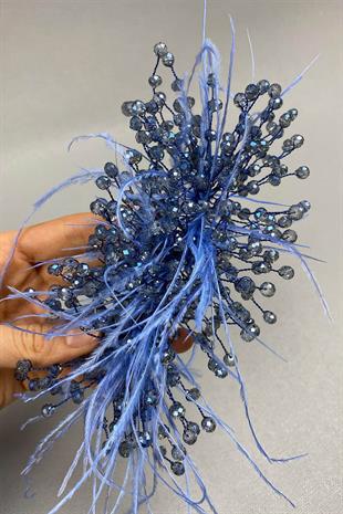 الجملة منتصف الليل الأزرق كريستال مطرز والريش مقطع الشعر