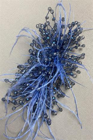 الجملة منتصف الليل الأزرق كريستال مطرز والريش مقطع الشعر