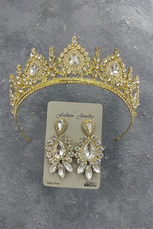 Wholesale Gold Ahu Model Bridal Crown and Shuttle Drop Stone Earrings