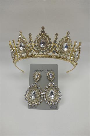 Wholesale Gold Ahu Model Bridal Crown and Shuttle Stone Earrings