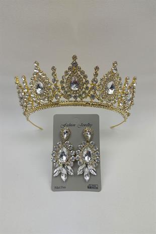 Wholesale Gold Ahu Model Bridal Crown and Shuttle Drop Stone Earrings