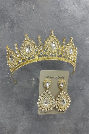 Wholesale Gold Ahu Model Bridal Crown and Shuttle Stone Earrings